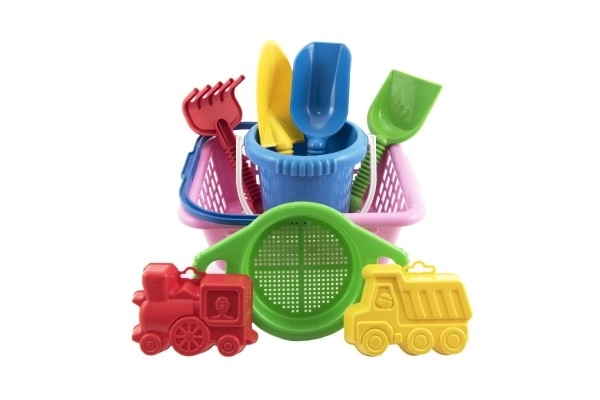 Mand set - 2 zandvormpjes schepje harkje zeefje emmer winkelmandje plastic 12m+