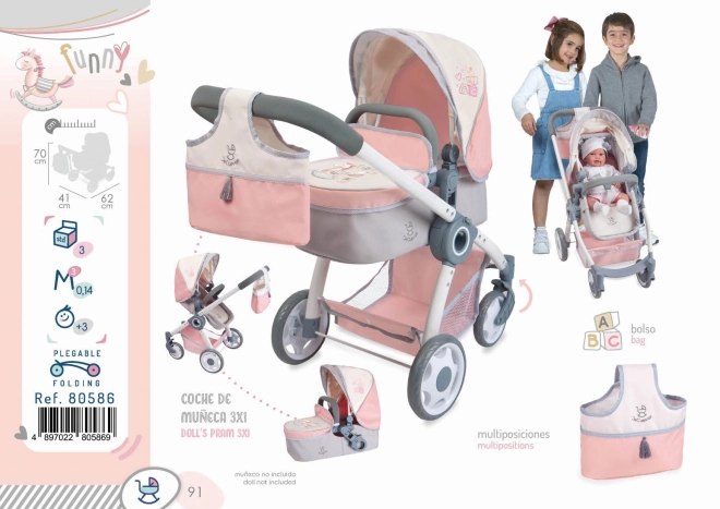 DeCuevas 80586 Opvouwbare Poppenwagen 3 in 1 met Tas FUNNY 2023 - 70 cm