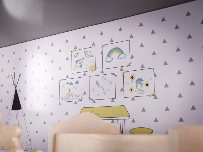 Poppenhuisje met grijs houten meubels