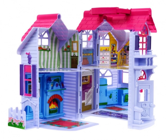 Uitklapbaar kinderspeelhuisje 3+ Paars + familiefiguren + hond + meubels + 2 verdiepingen
