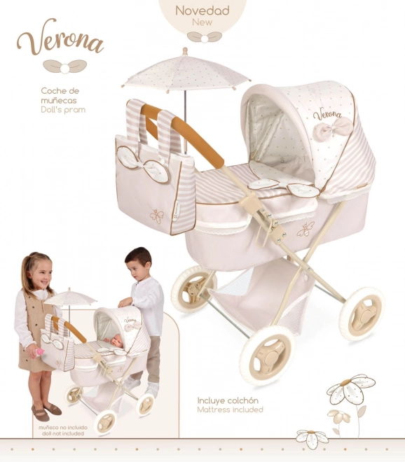 Opvouwbare poppenwagen met parasol en tas Verona 60 cm