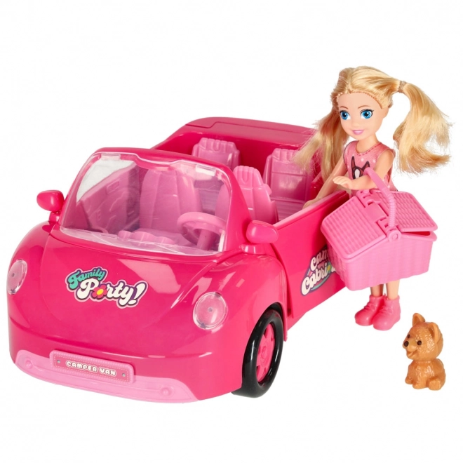 Roze cabriolet voor poppen met picknickset en hondje