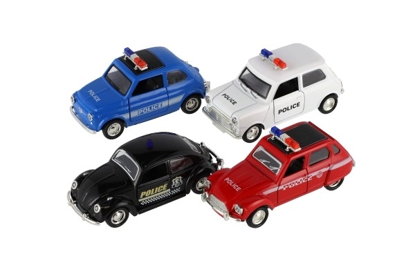 Retro politieauto 11cm metaal/plastic, zelfopwindend met licht op batterijen, 4 soorten