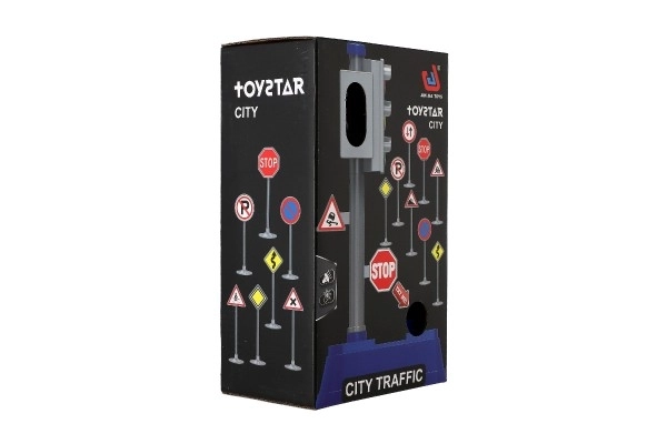 Verkeerslicht met borden kunststof 14x24cm op batterijen met licht en geluid in doos 14x24,5x9cm