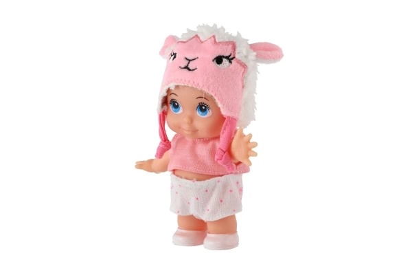Poppenbaby met muts kunststof stevig lichaam 15cm 4 soorten in doosje 9x16x6cm