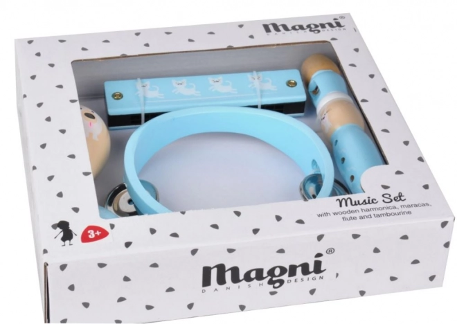 Blauwe houten muziekinstrumenten set