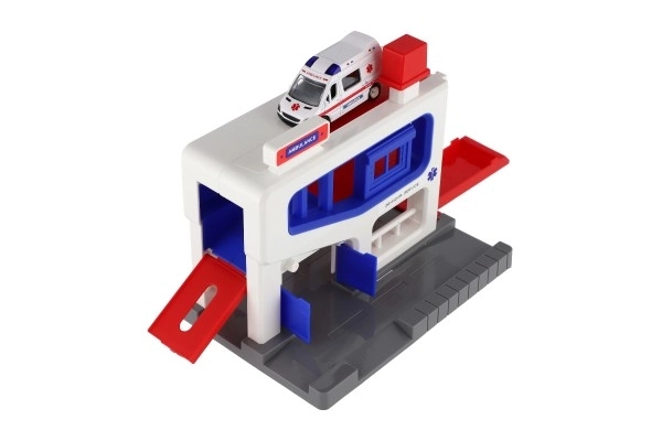 Parkeergarage met ambulancevoertuig