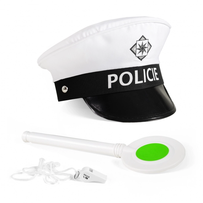 Politieset stof/plastic pet, stopbord, fluitje op kaart 30x48x8cm