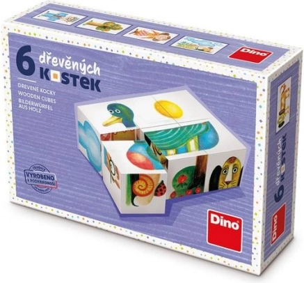 Houten blokken met afbeeldingen voor kinderen – eend, hond, boom (6 blokken)