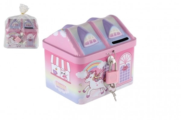 Spaarpot huisje Eenhoorn blik met slot roze