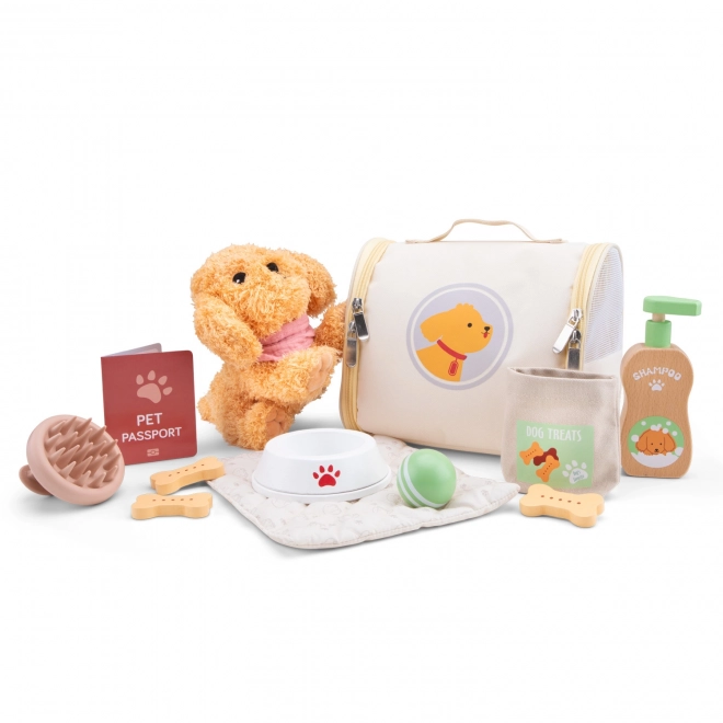 Kinderset voor de verzorging van een pluchen hondje