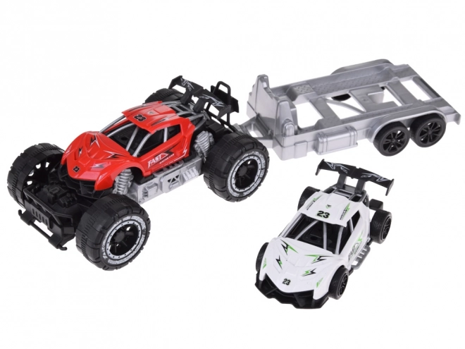 Terreinwagen met aanhanger en sportwagen