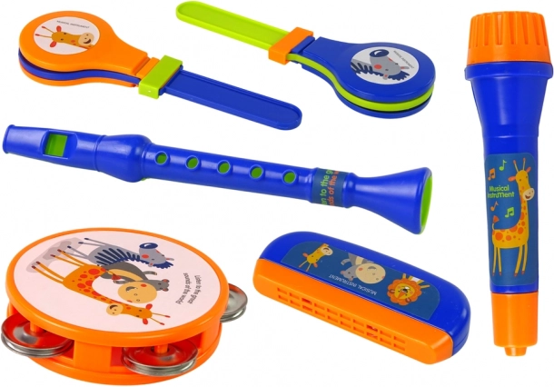 Muziekinstrumenten voor kinderen - Set trommel, tamboerijn, fluit, rammelaar, mondharmonica, dieren