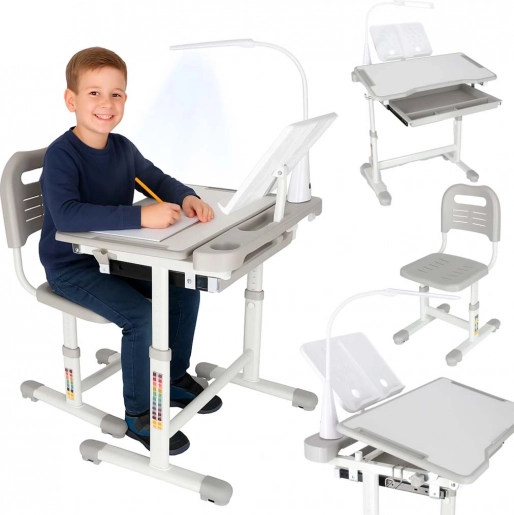 Groeiende kinderschrijftafel met stoel en LED-lamp, grijs