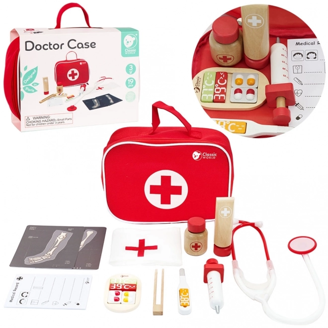 Set dokter/l-arts 19st hout/plastic in kartonnen verpakking 21x16x8cm