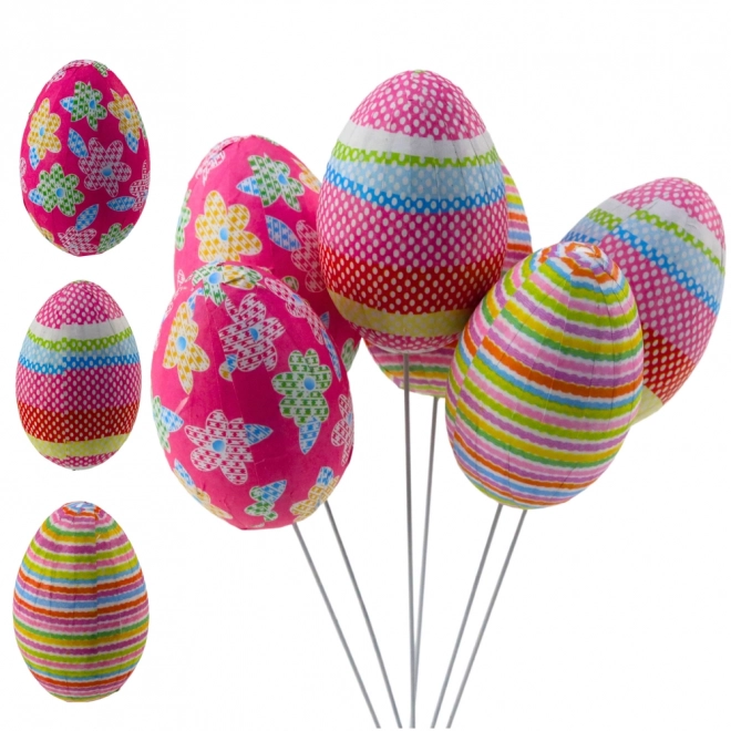 Paasdecoratieve eieren op stokjes met stippen, bloemen en strepen, set van 6 stuks