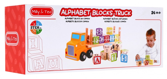 Houten vrachtwagen met aanhanger en blokken voor kinderen 2+ Educatief speelgoed + blokken met letters en cijfers