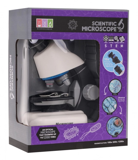 Witte microscoop + reageerbuizen en accessoires