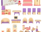 Houten meubels voor poppenhuis paars, 19-delig