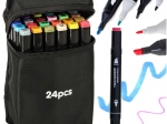 Tweekleurige alcoholmarkers in etui, 24 kleuren + standaard