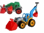 Kunststof tractor–graafmachine met schep, groen