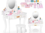 Grote houten kaptafel voor kinderen met spiegel voor meisjes, roze accessoires ECOTOYS