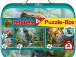 Kinder puzzel Dinosauriërs 4-in-1 in een metalen koffertje