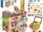 Woopie kindersupermarkt met winkelwagentje, kassa, scanner en 48 accessoires