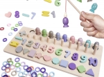 Houten educatief 2-in-1 spel: vormensorteerder, telraam en magnetische visjes