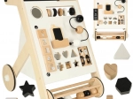 Houten loopwagen met interactieve plank en sorteerkist