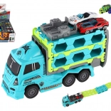 Kunststof vrachtwagen-autotransporter met vliegwiel 22 cm + 2 sportautootjes