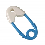 Babyrammel in de stijl van een blauw-witte veiligheidsspeld