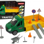 wegkiepvrachtwagen met frictieaandrijving en verkeerstoevoegingen