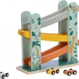 Racebaan met drie houten autootjes