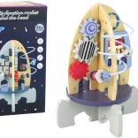 Houten educatieve raket met kralenlabyrint en tandwielen