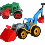 Kunststof tractor–graafmachine met schep, groen
