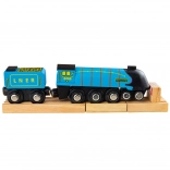 Houten replica van de Mallard-locomotief met rails
