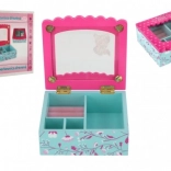 Houten sieradendoos met bloemen en spiegel, turquoise‑roze