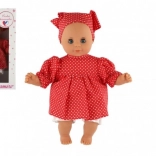 Babypop 30 cm in rode jurk met witte stippen en sjaaltje