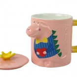 Keramische mok met deksel en lepeltje met dinosaurusmotief roze 400 ml