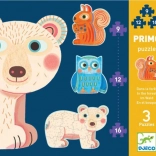 DJECO puzzel In het bos 3-in-1 – silhouetdieren voor kinderen (9, 12, 16 stukjes)