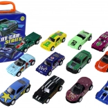 Set metalen autootjes 1:64 met frictie-aandrijving – 12 stuks in metalen koffer