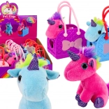 Pluche eenhoorn met gekleurde manen in rubberen tas