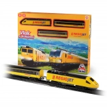 Trein RegioJet MINI op batterijen – gele locomotief met wagons en spoorbaan