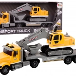 Gele vrachtauto met rupsgraafmachine met lichten en geluiden