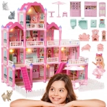 Woopie houten poppenhuis villa met accessoires en pop, met verlichting, 296 onderdelen