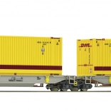 Roco scharnierende containerwagon Sdggmrs/T2000 AAE met DHL-containers, H0