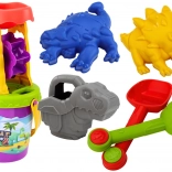 Zandset dinosaurussen met molen – schep, hark, gieter en zandvormpjes