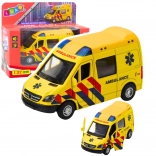 Metalen ambulance 1:32 met pull-back aandrijving, licht en geluid – geel