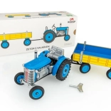 Blikken tractor Zetor met afneembare aanhangwagen met sleutel, rood/blauw/groen
